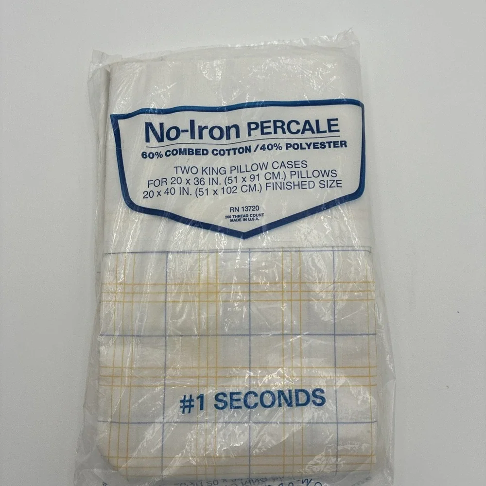 Vintage King Pillowcases No-Iron Percale Plaid Blue Yellow White Set of 2 USA
